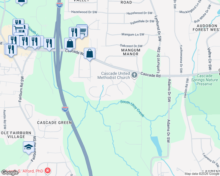 map of restaurants, bars, coffee shops, grocery stores, and more near 1336 Cascade Falls Drive Southwest in Atlanta