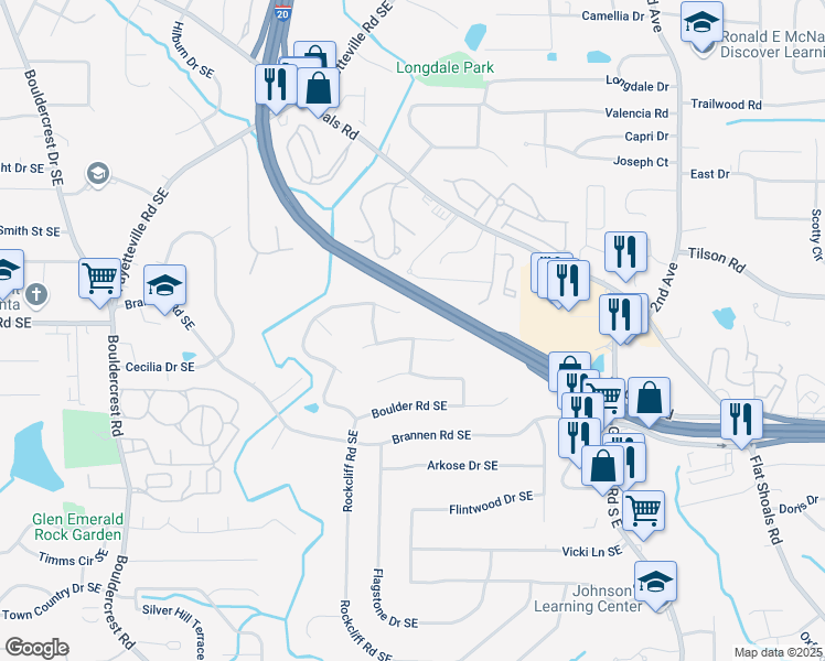 map of restaurants, bars, coffee shops, grocery stores, and more near 1784 Streamview Drive Southeast in Atlanta