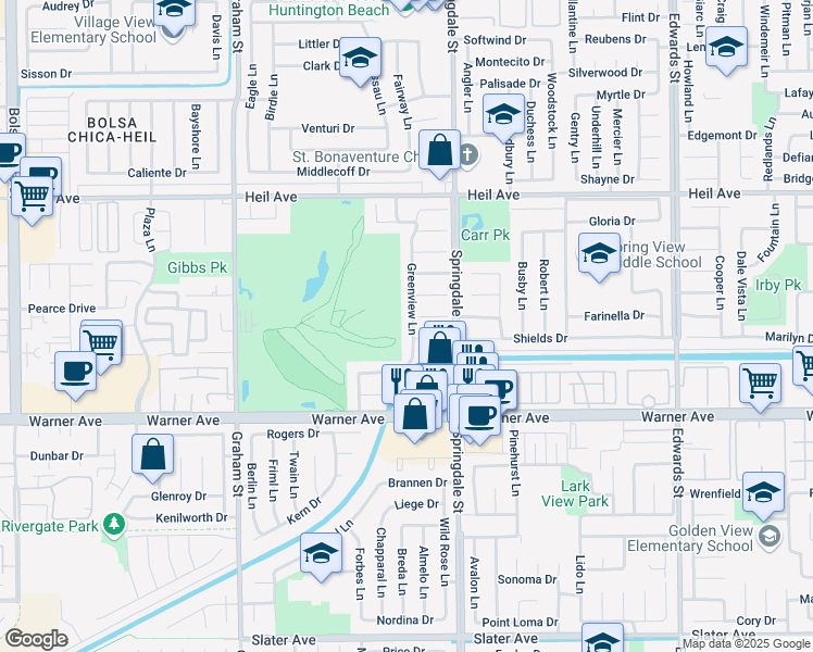map of restaurants, bars, coffee shops, grocery stores, and more near 16771 Greenview Lane in Huntington Beach