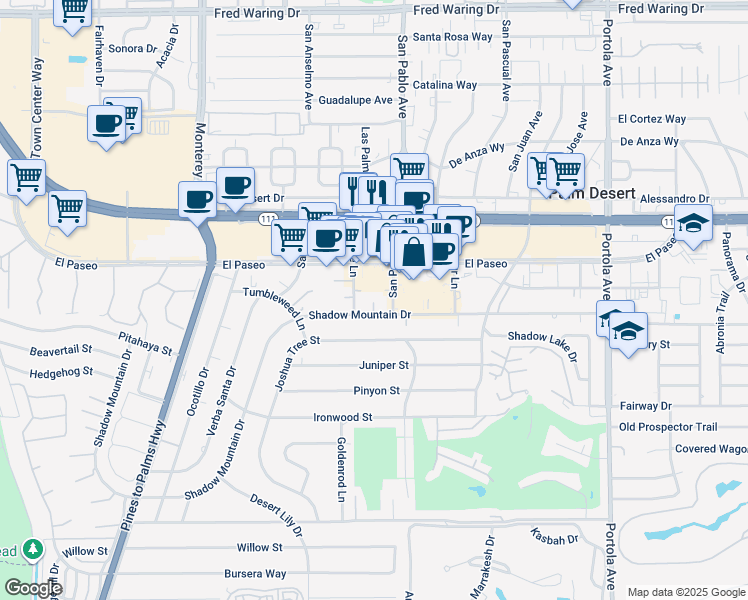 map of restaurants, bars, coffee shops, grocery stores, and more near 45394 Lupine Lane in Palm Desert