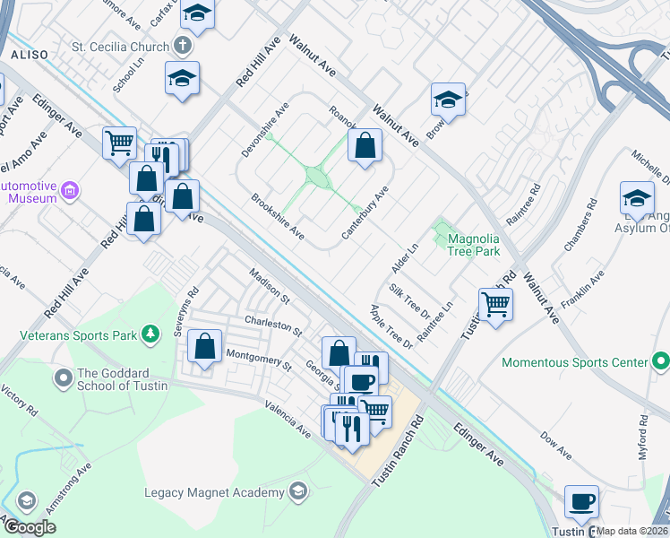 map of restaurants, bars, coffee shops, grocery stores, and more near 14891 Featherhill Road in Tustin