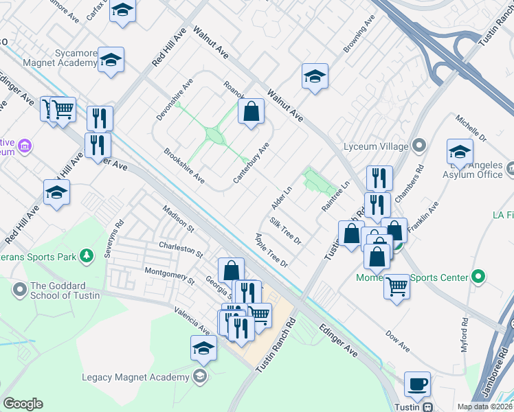 map of restaurants, bars, coffee shops, grocery stores, and more near 14822 Foxcroft Road in Tustin