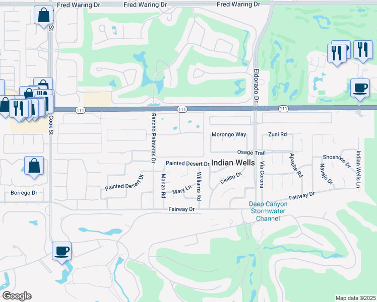 map of restaurants, bars, coffee shops, grocery stores, and more near 75650 Calle Del Sur in Indian Wells
