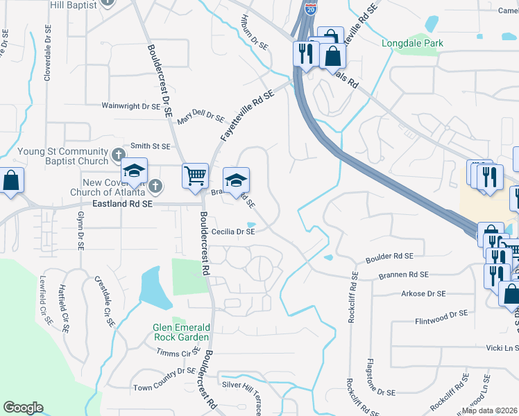 map of restaurants, bars, coffee shops, grocery stores, and more near 1888 Brannen Road Southeast in Atlanta