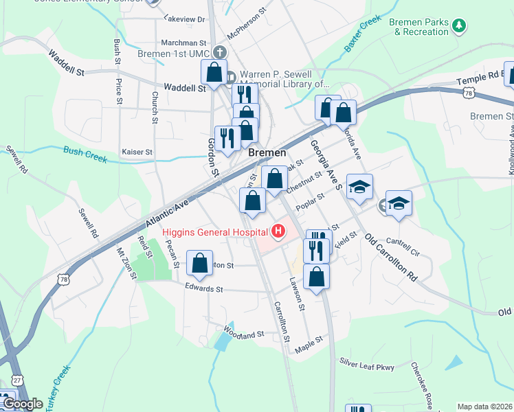 map of restaurants, bars, coffee shops, grocery stores, and more near 194 Chestnut Street in Bremen