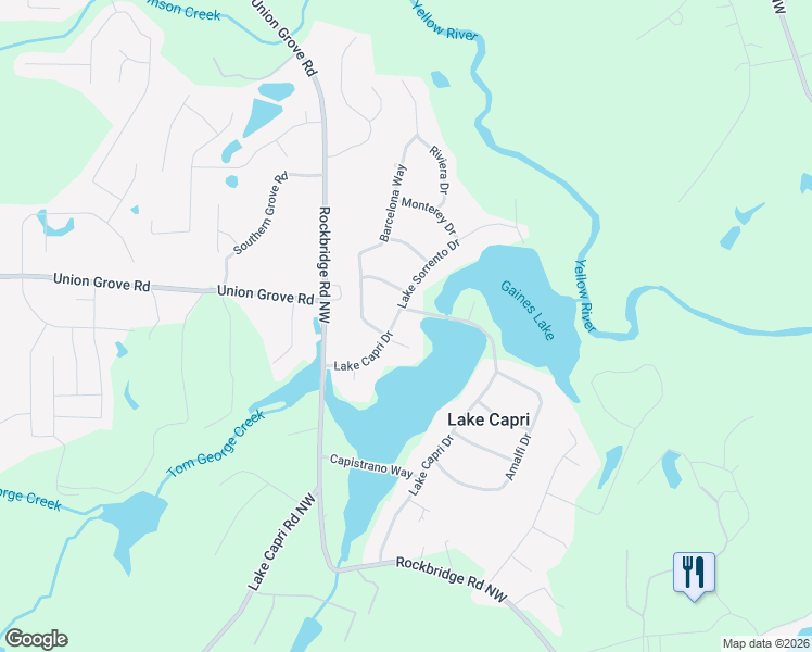 map of restaurants, bars, coffee shops, grocery stores, and more near 2732 Lake Capri Drive in Conyers
