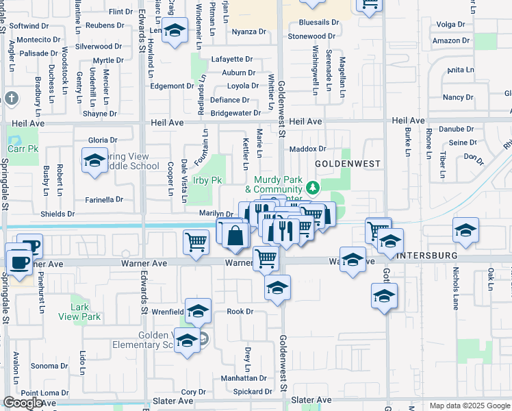 map of restaurants, bars, coffee shops, grocery stores, and more near 16781 Marie Lane in Huntington Beach