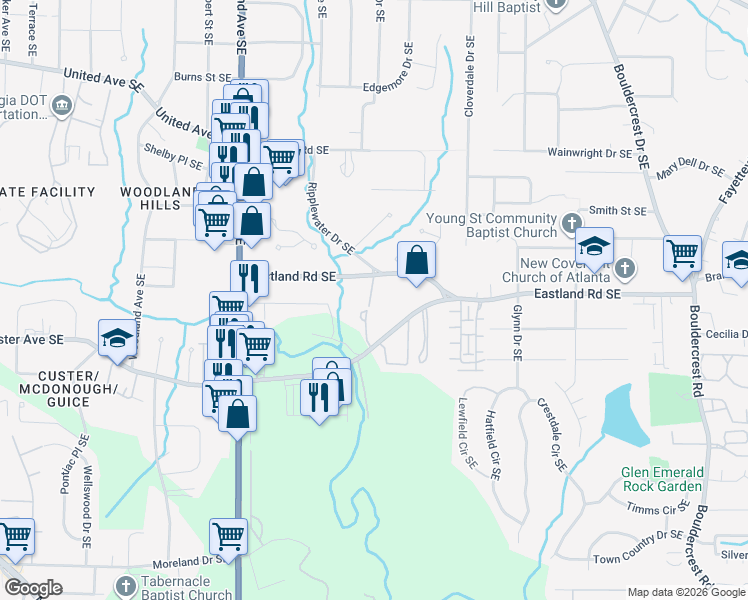 map of restaurants, bars, coffee shops, grocery stores, and more near 1256 Jandras Lane Southeast in Atlanta