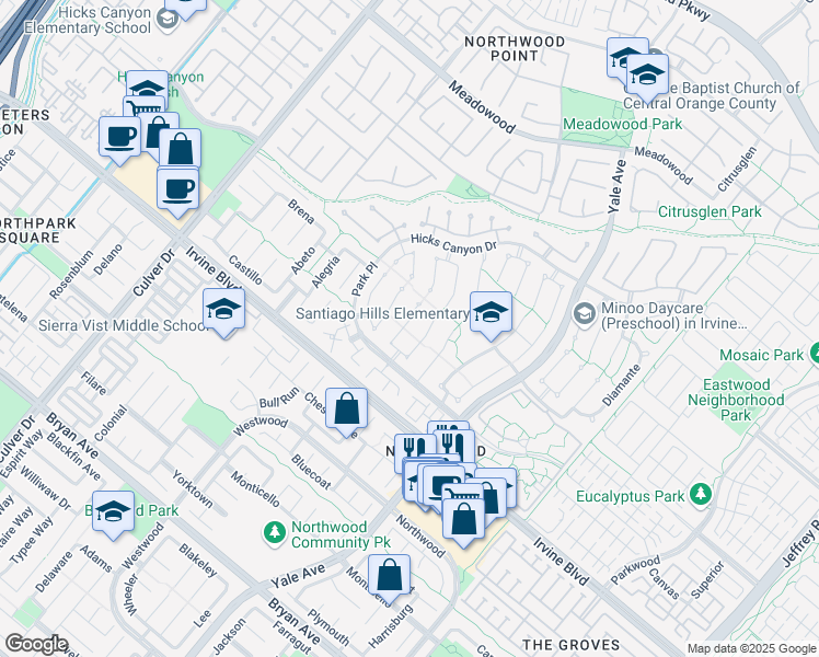 map of restaurants, bars, coffee shops, grocery stores, and more near 10 Ensueno West in Irvine