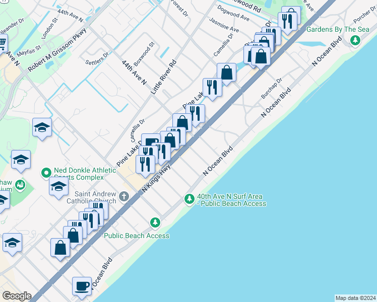 map of restaurants, bars, coffee shops, grocery stores, and more near 415 43rd Avenue North in Myrtle Beach