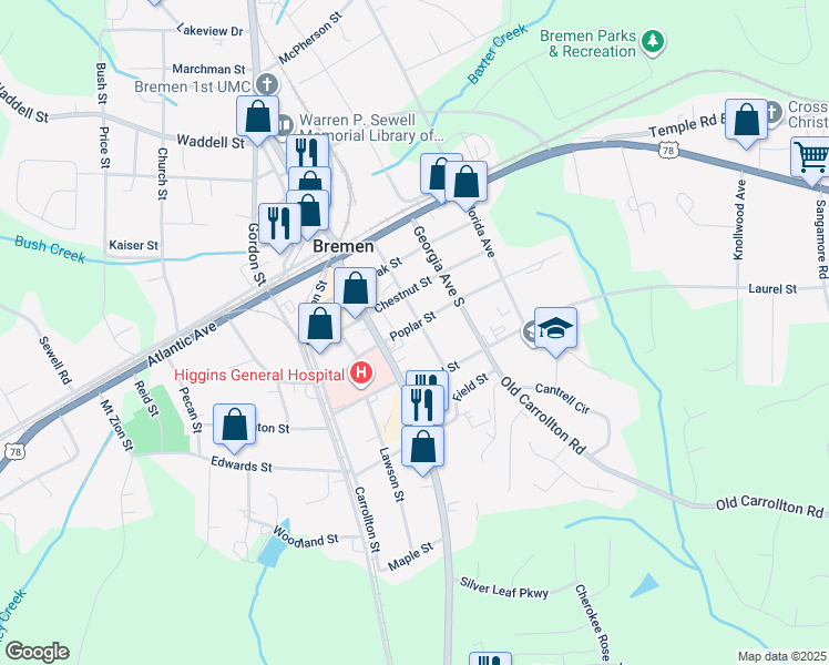 map of restaurants, bars, coffee shops, grocery stores, and more near 313 Poplar Street in Bremen
