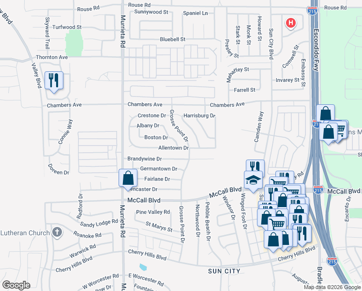 map of restaurants, bars, coffee shops, grocery stores, and more near 27680 Boston Drive in Menifee