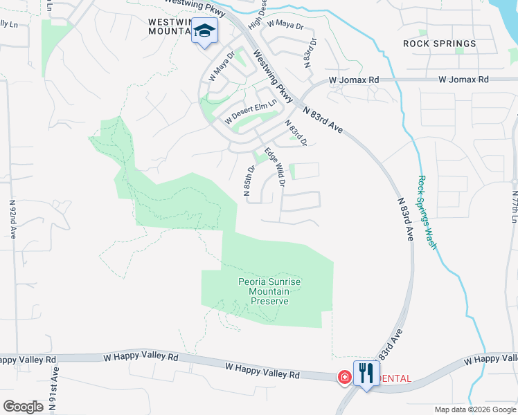 map of restaurants, bars, coffee shops, grocery stores, and more near 8485 West Whitehorn Way in Peoria