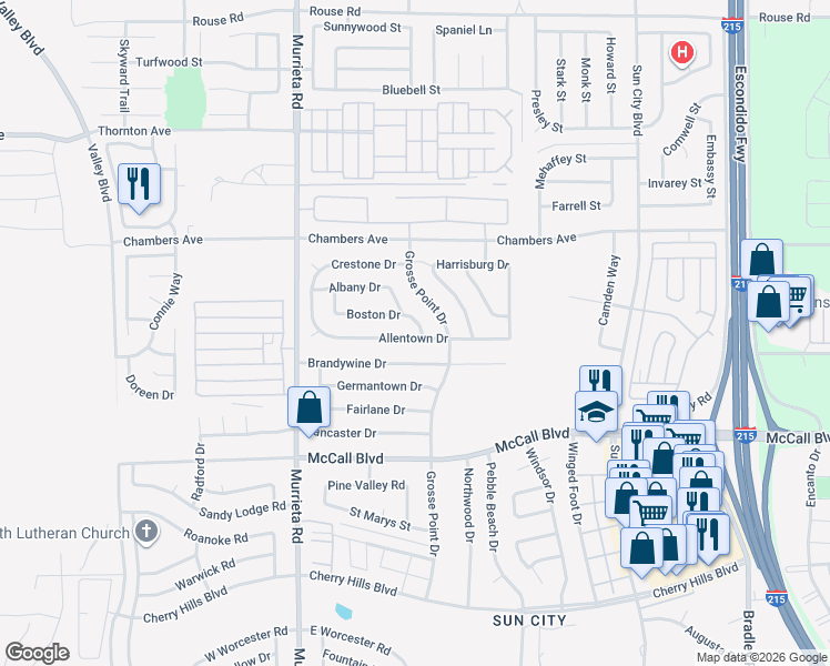 map of restaurants, bars, coffee shops, grocery stores, and more near 26280 Allentown Drive in Menifee