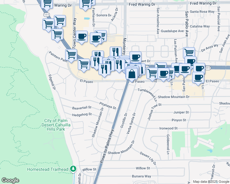 map of restaurants, bars, coffee shops, grocery stores, and more near 463 Sandpiper Street in Palm Desert