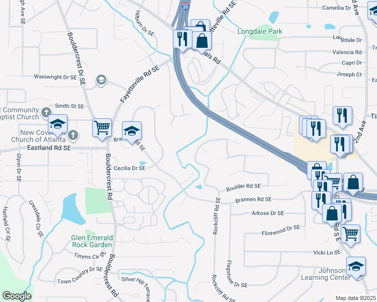 map of restaurants, bars, coffee shops, grocery stores, and more near 2429 Bouldercliff Way Southeast in Atlanta