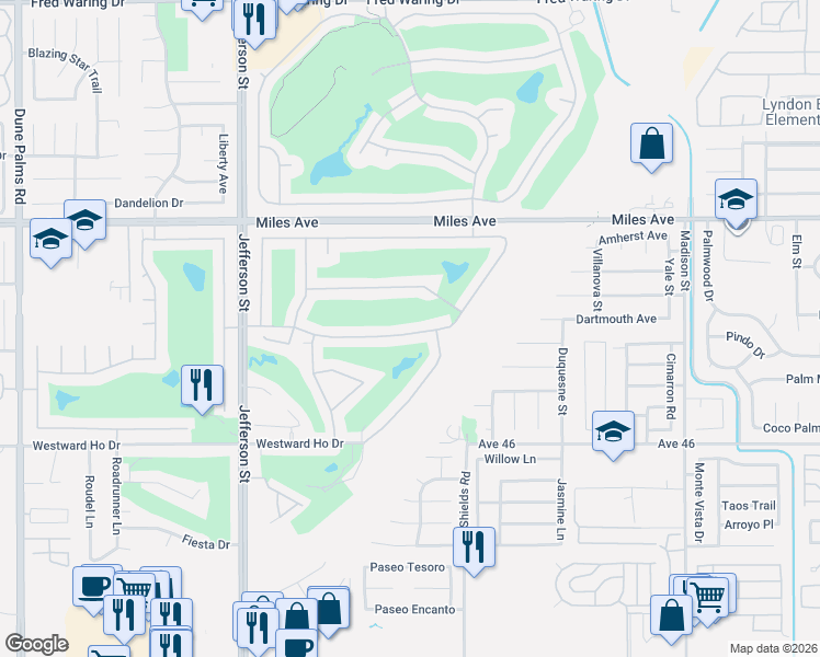 map of restaurants, bars, coffee shops, grocery stores, and more near 80372 Pebble Beach Drive in Indio