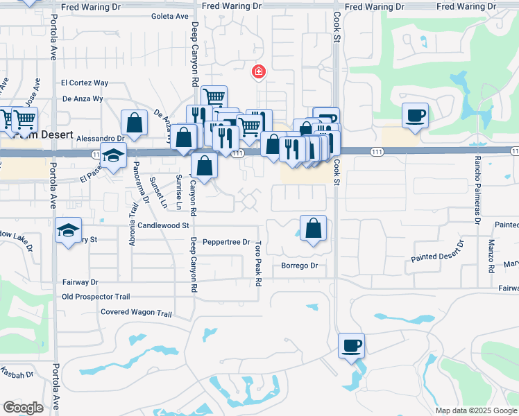 map of restaurants, bars, coffee shops, grocery stores, and more near 45382 Driftwood Drive in Palm Desert