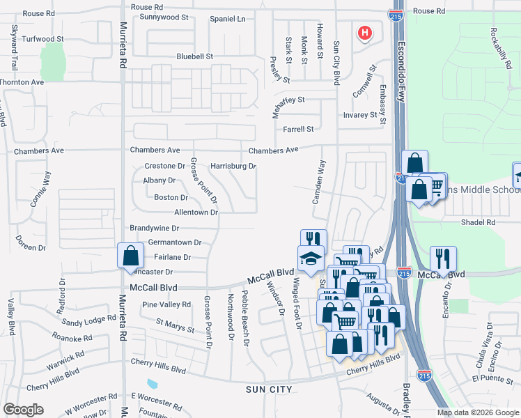 map of restaurants, bars, coffee shops, grocery stores, and more near 27680 Medford Way in Menifee