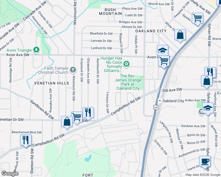 map of restaurants, bars, coffee shops, grocery stores, and more near 1340 Lorenzo Drive Southwest in Atlanta