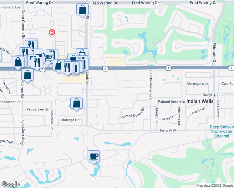 map of restaurants, bars, coffee shops, grocery stores, and more near 75224 Citadel Place in Indian Wells