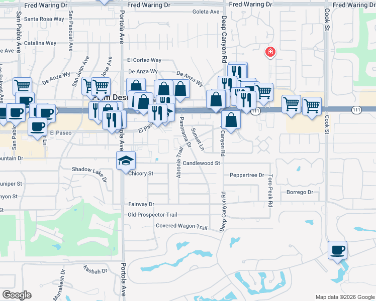 map of restaurants, bars, coffee shops, grocery stores, and more near 45461 Panorama Drive in Palm Desert