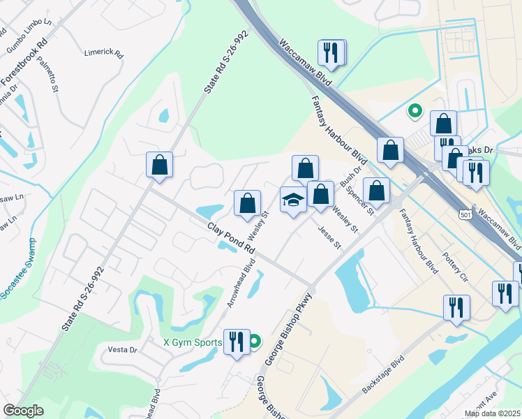 map of restaurants, bars, coffee shops, grocery stores, and more near 3926 Wesley Street in Myrtle Beach