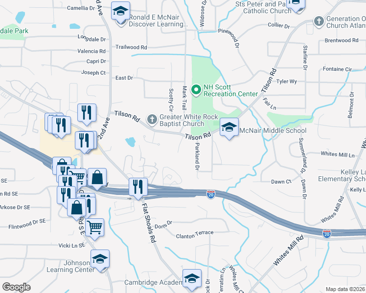 map of restaurants, bars, coffee shops, grocery stores, and more near 2398 Tilson Ridge Lane in Decatur