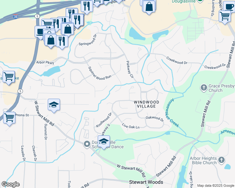 map of restaurants, bars, coffee shops, grocery stores, and more near 9730 Cobble Creek Drive in Douglasville