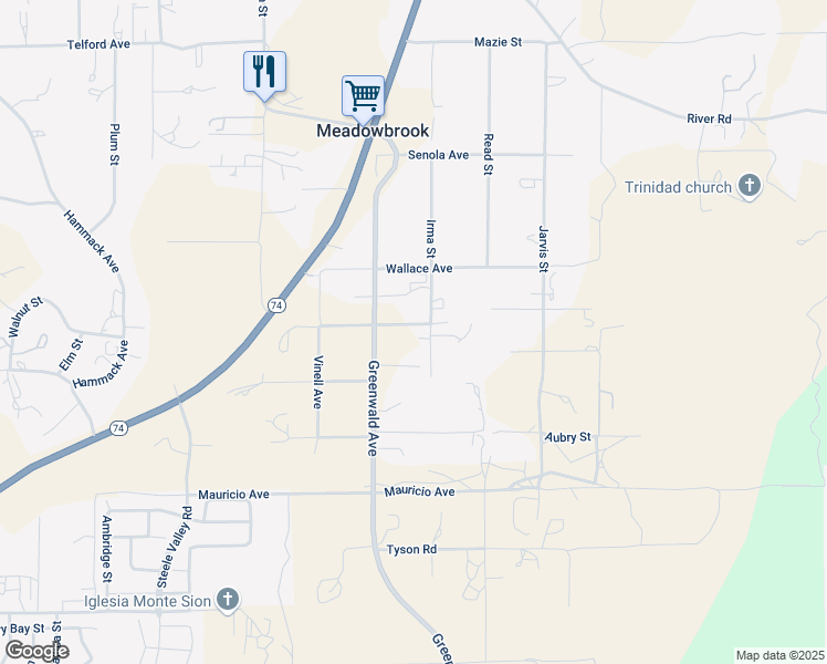 map of restaurants, bars, coffee shops, grocery stores, and more near 21085 Suzan Street in Perris