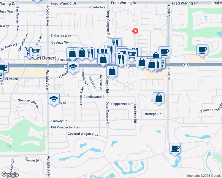 map of restaurants, bars, coffee shops, grocery stores, and more near 74534 Driftwood Drive in Palm Desert
