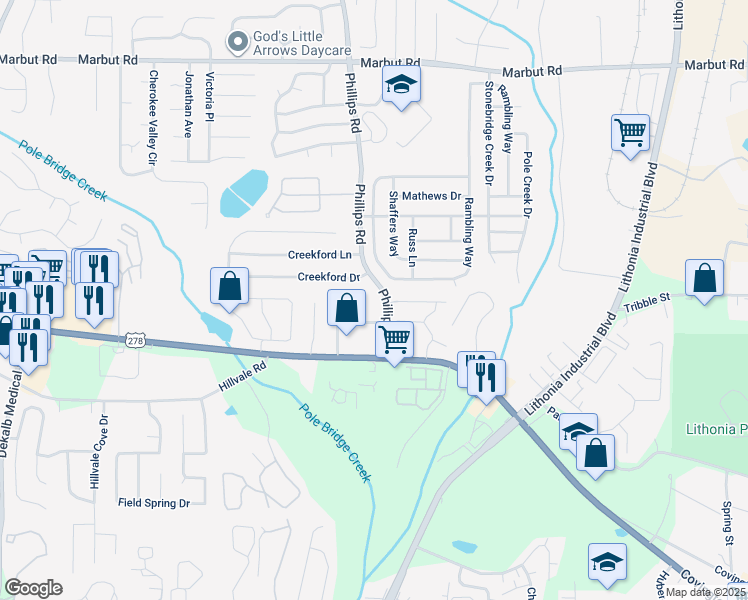 map of restaurants, bars, coffee shops, grocery stores, and more near 2401 Phillips Road in Lithonia