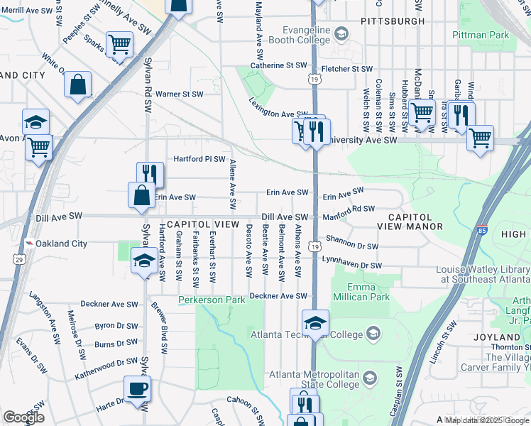map of restaurants, bars, coffee shops, grocery stores, and more near 707 Dill Avenue Southwest in Atlanta
