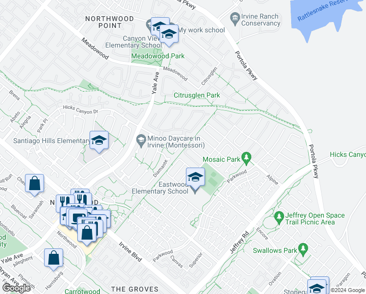 map of restaurants, bars, coffee shops, grocery stores, and more near 16 Alba East in Irvine