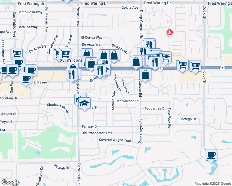 map of restaurants, bars, coffee shops, grocery stores, and more near 45440 Abronia Trail in Palm Desert