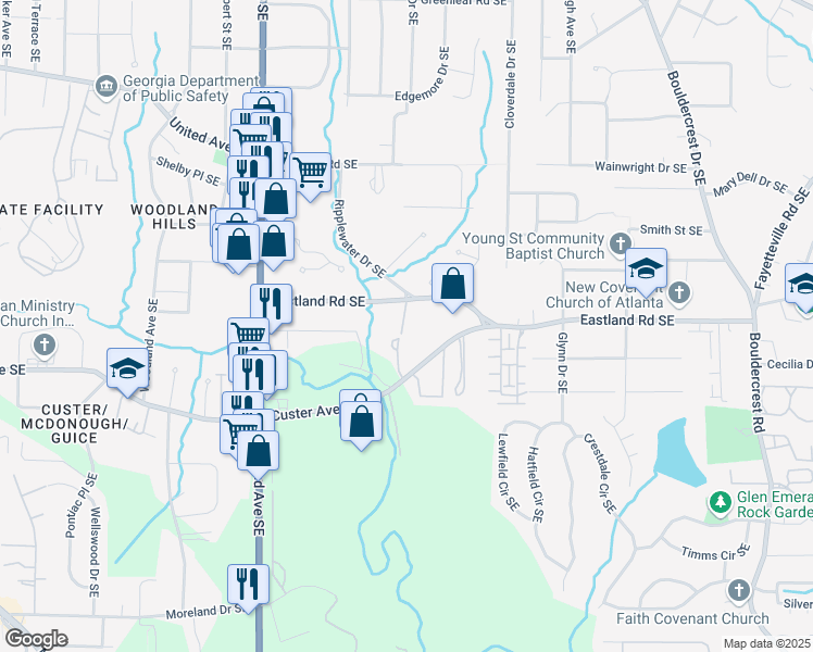 map of restaurants, bars, coffee shops, grocery stores, and more near 1256 Jandras Lane Southeast in Atlanta