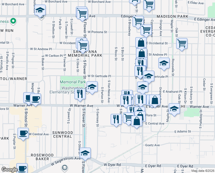 map of restaurants, bars, coffee shops, grocery stores, and more near 2136 South Van Ness Avenue in Santa Ana