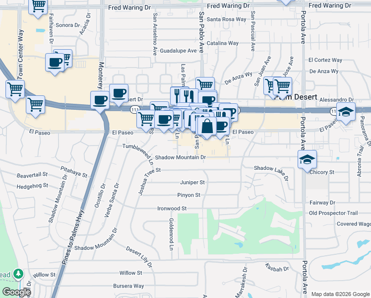 map of restaurants, bars, coffee shops, grocery stores, and more near 45407 San Pablo Avenue in Palm Desert