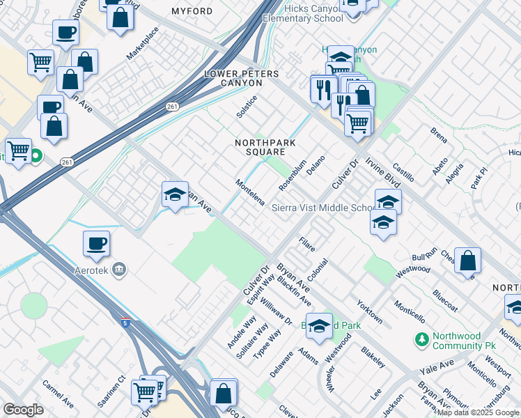 map of restaurants, bars, coffee shops, grocery stores, and more near 1 Leucadia in Irvine