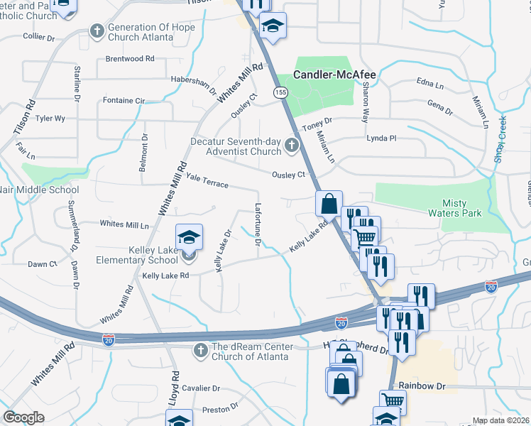map of restaurants, bars, coffee shops, grocery stores, and more near 2404 Lafortune Drive in Decatur