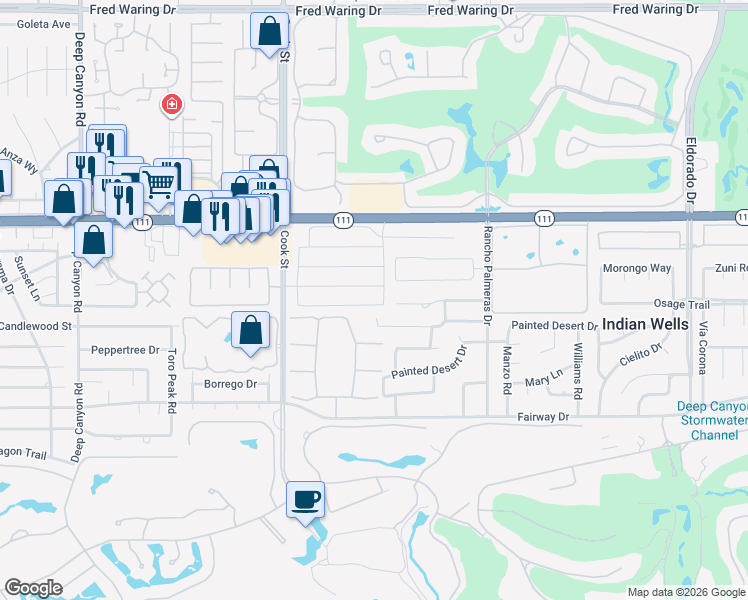 map of restaurants, bars, coffee shops, grocery stores, and more near 75208 Citadel Place in Indian Wells