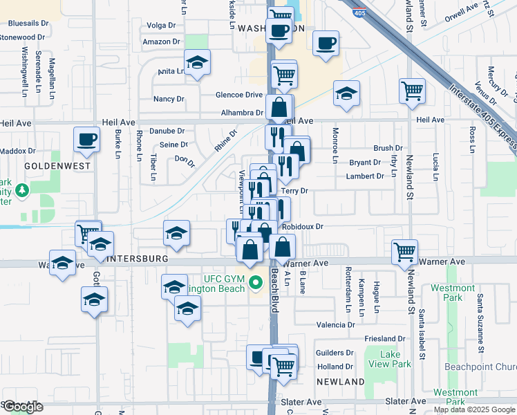 map of restaurants, bars, coffee shops, grocery stores, and more near 7962 Moonshadow Circle in Huntington Beach