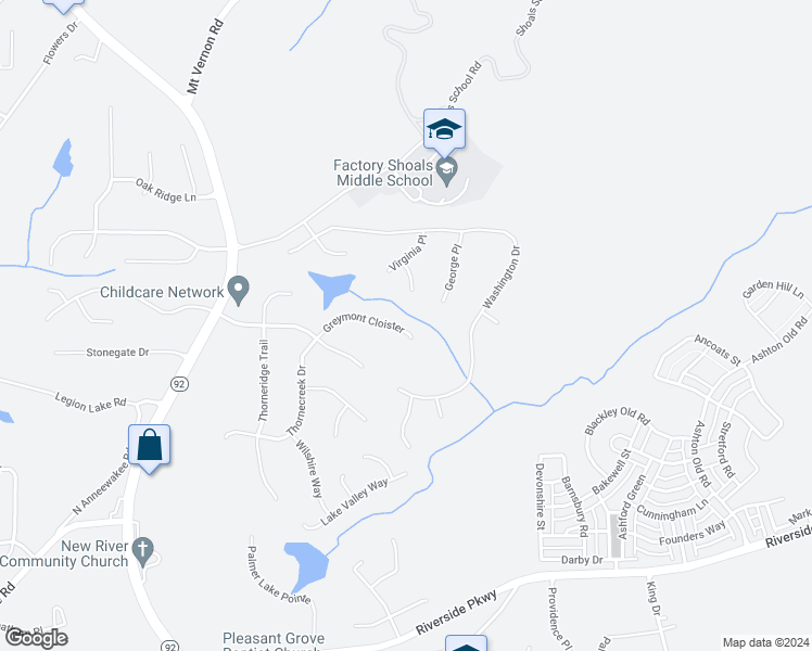 map of restaurants, bars, coffee shops, grocery stores, and more near 3033 Greymont Cloister in Douglasville