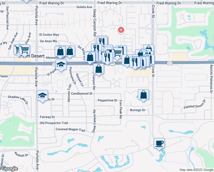 map of restaurants, bars, coffee shops, grocery stores, and more near 45420 Driftwood Drive in Palm Desert