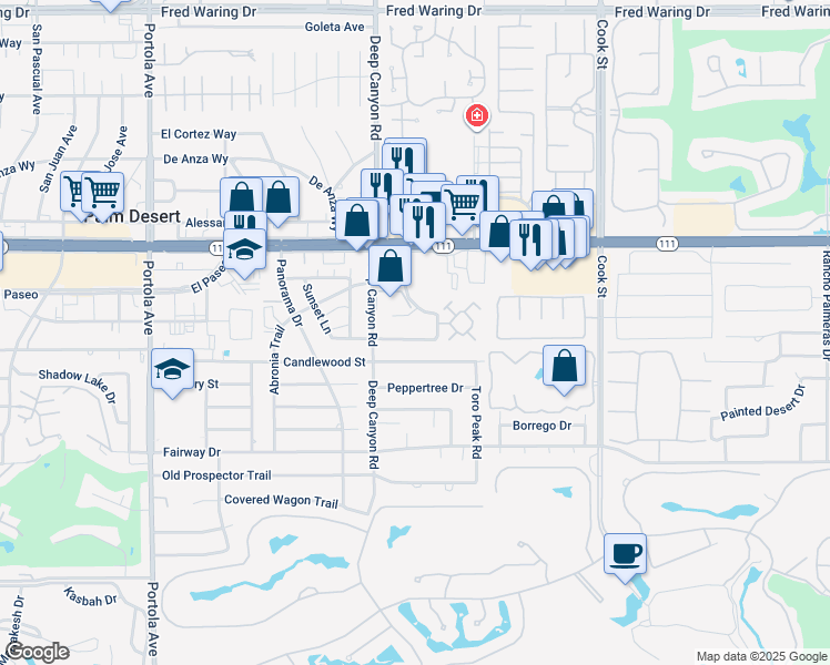 map of restaurants, bars, coffee shops, grocery stores, and more near 74582 Driftwood Drive in Palm Desert