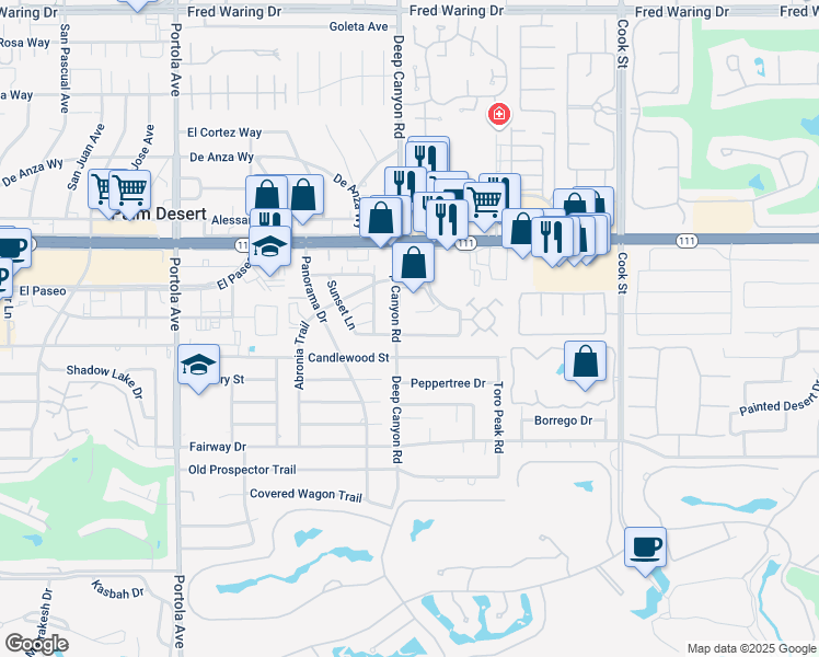 map of restaurants, bars, coffee shops, grocery stores, and more near 74582 Driftwood Drive in Palm Desert