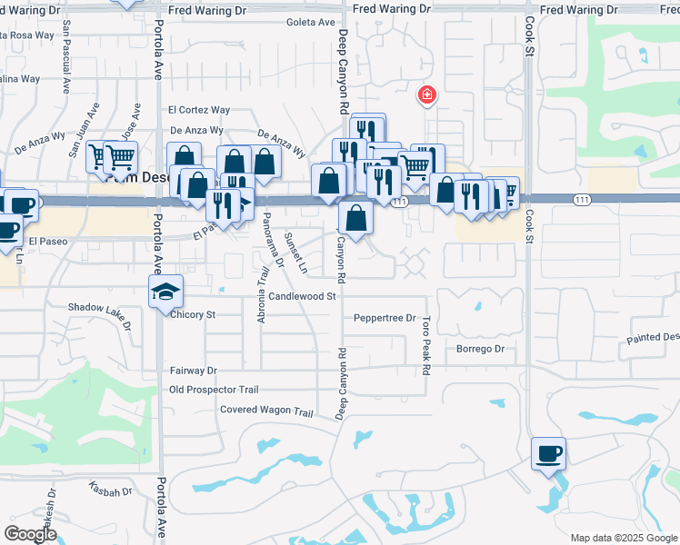 map of restaurants, bars, coffee shops, grocery stores, and more near 45451 Deep Canyon Road in Palm Desert