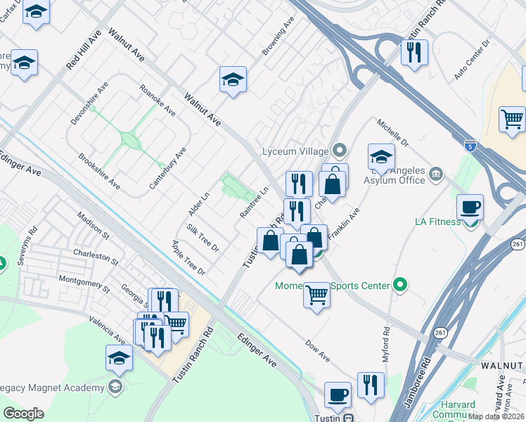map of restaurants, bars, coffee shops, grocery stores, and more near 2331 Basswood Circle in Tustin