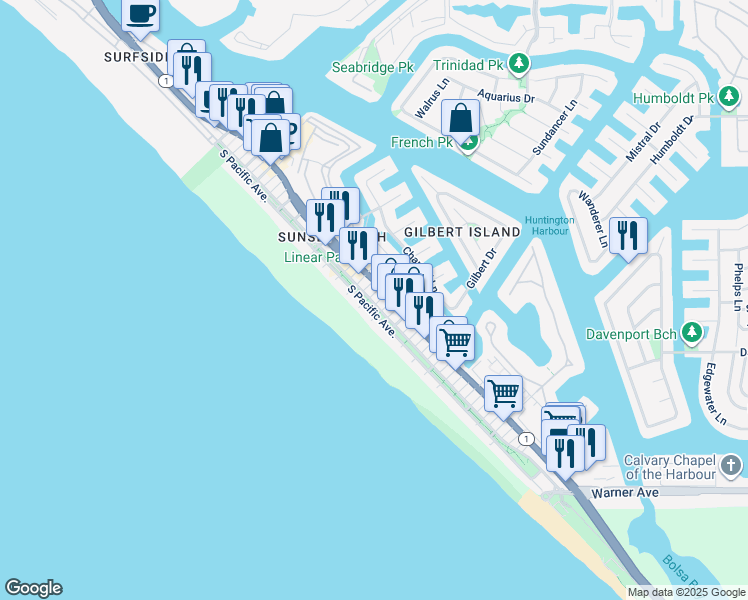 map of restaurants, bars, coffee shops, grocery stores, and more near 16751 Pacific Coast Highway in Huntington Beach