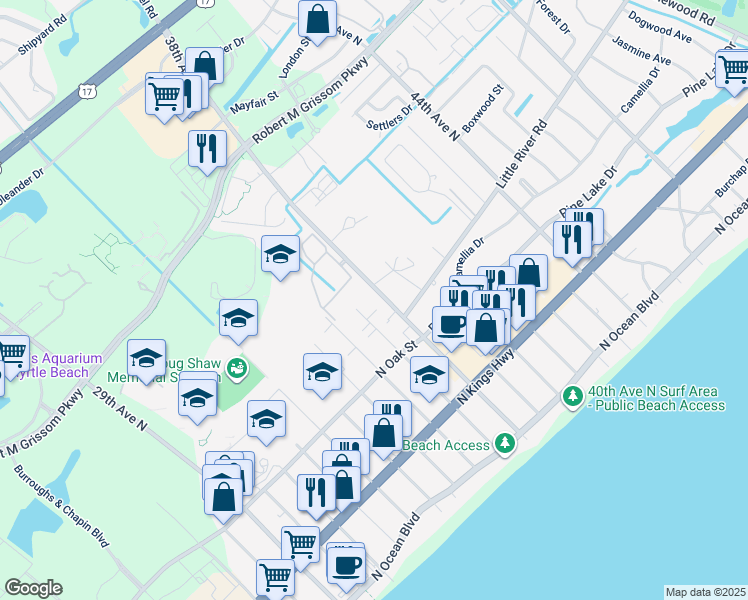 map of restaurants, bars, coffee shops, grocery stores, and more near 616D 37th Avenue North in Myrtle Beach